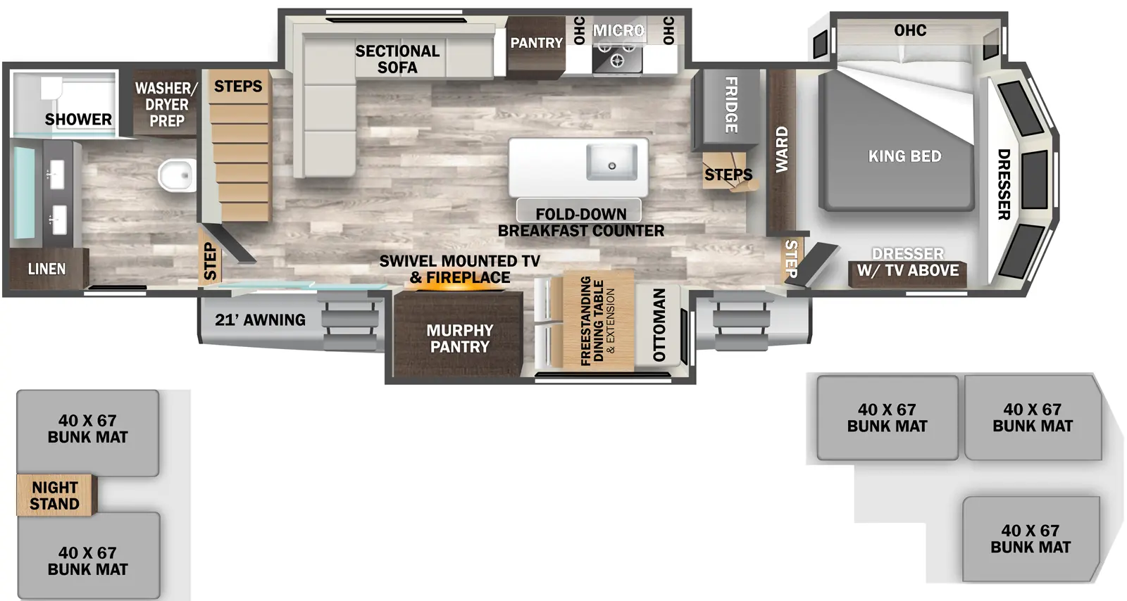 The 40CBK has three slideouts and two entries. Exterior features a 21 foot awning. Interior layout front to back: front dresser, off-door side king bed slideout with overhead cabinet, wardrobe along inner wall, and door side dresser with TV above; step down to main living area and entry; steps to loft with three bunk mats  above front bedroom; kitchen island with sink and fold-down breakfast counter; off-door side refrigerator and slideout with kitchen counter, cooktop, overhead cabinet, microwave, pantry, and sectional l-shape sofa; door side slideout with free-standing dining table with extension, ottoman, and murphy pantry with swivel mounted TV and fireplace; sliding glass door entry; steps to rear loft with two bunk mats and night stand above rear full bathroom; step up to rear full bathroom with dual sinks, washer/dryer prep, and linen closet.